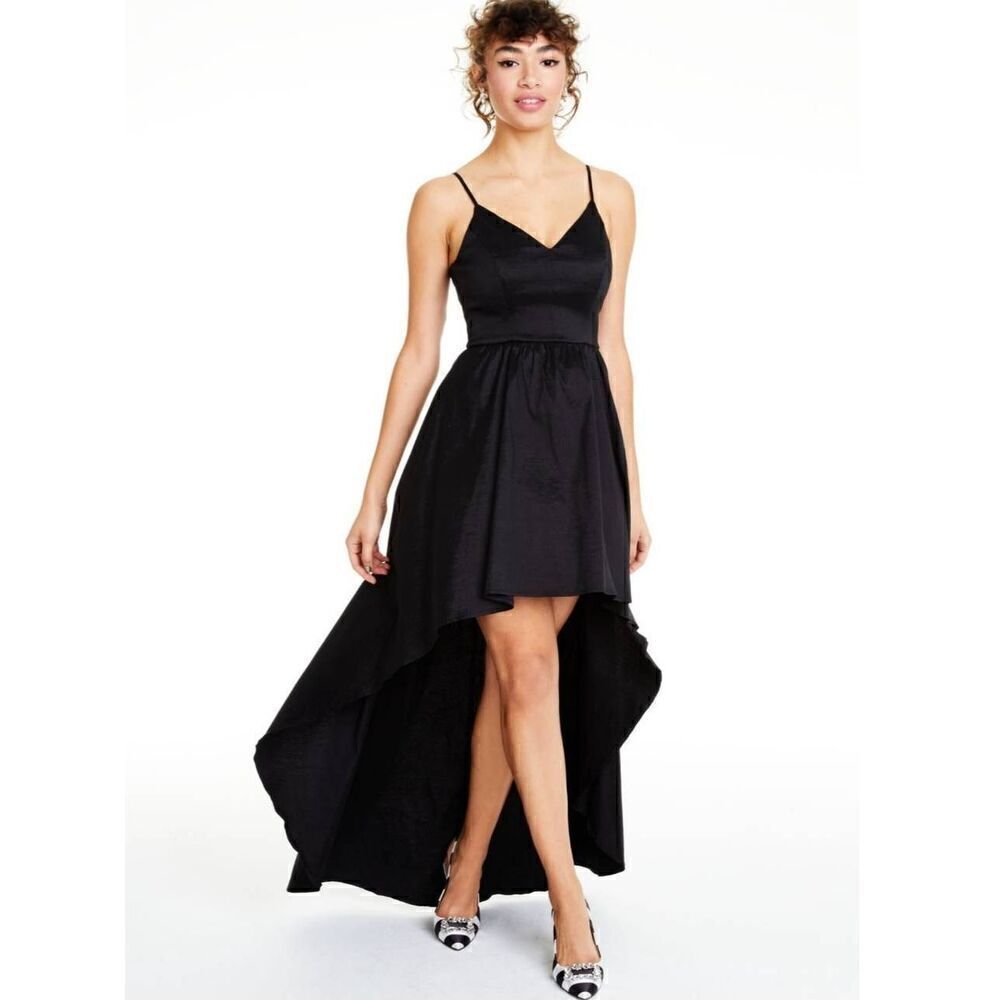 B DARLIN Black Zippered Spaghetti Strap V Neck Mini Party Hi-Lo Dress Juniors 13